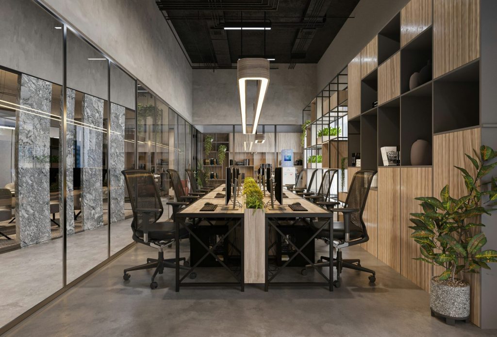 a large conference room with a long table and chairs