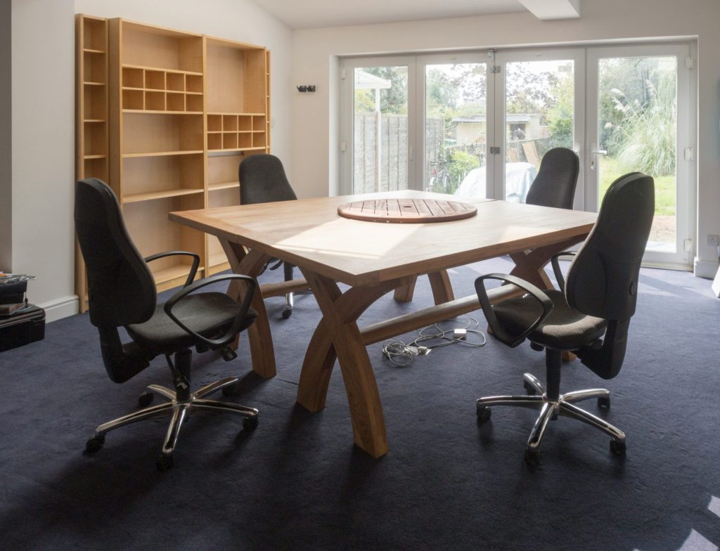 A meeting room with furniture.