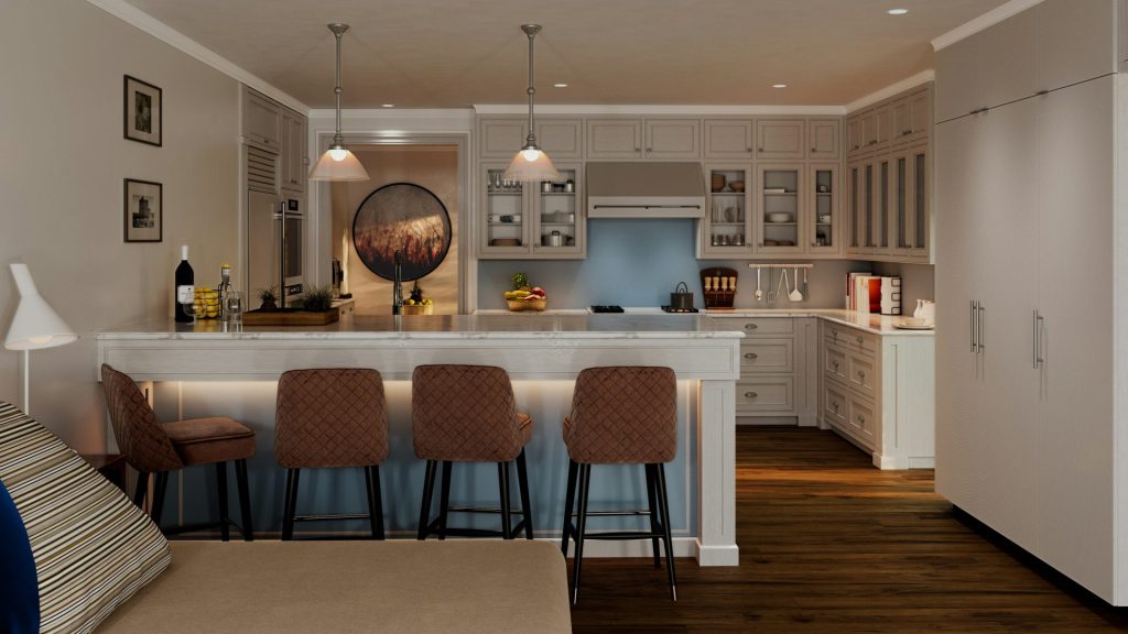 Modern kitchen with island and bar stools
